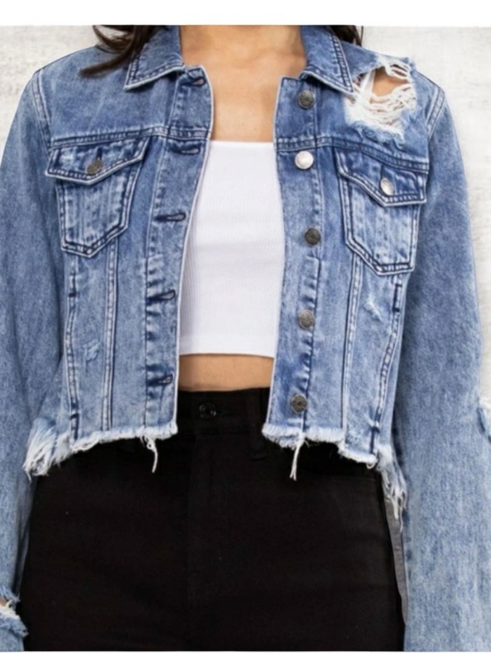 Cello Distress Jean Jacket stock photo distress slightly different than original
